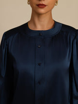 [Dark Blue] SilkSilky-CA 19Momme Long Sleeve Round Neck Blouse 006