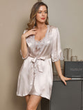 SilkSilky CA Pure Silk Half Sleeve Nightgown&Robe Set Beige 003