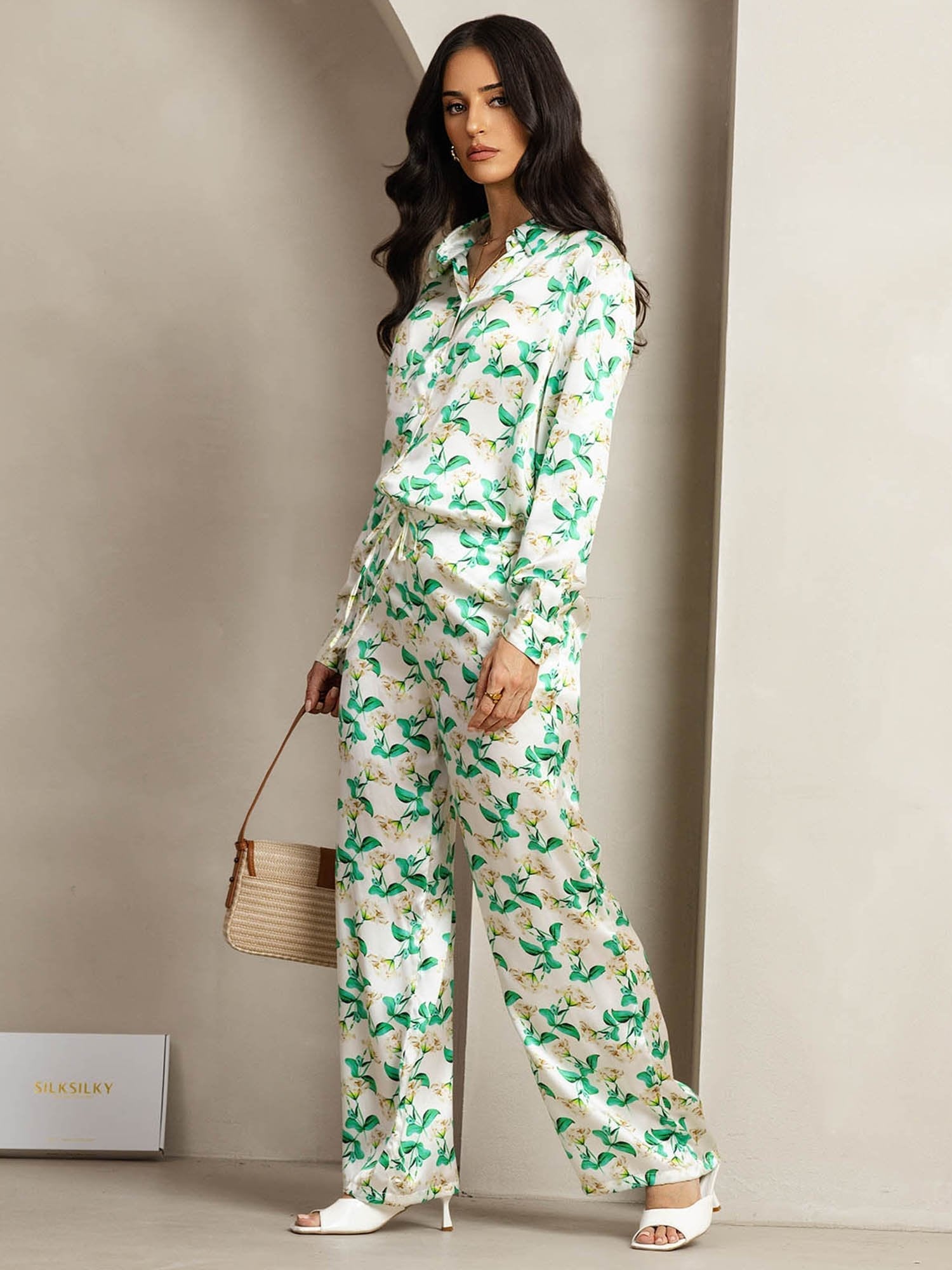 [Green Floral] SilkSilky-CA 19Momme Silk Lapel Collar Women''s Outfit Sets 003