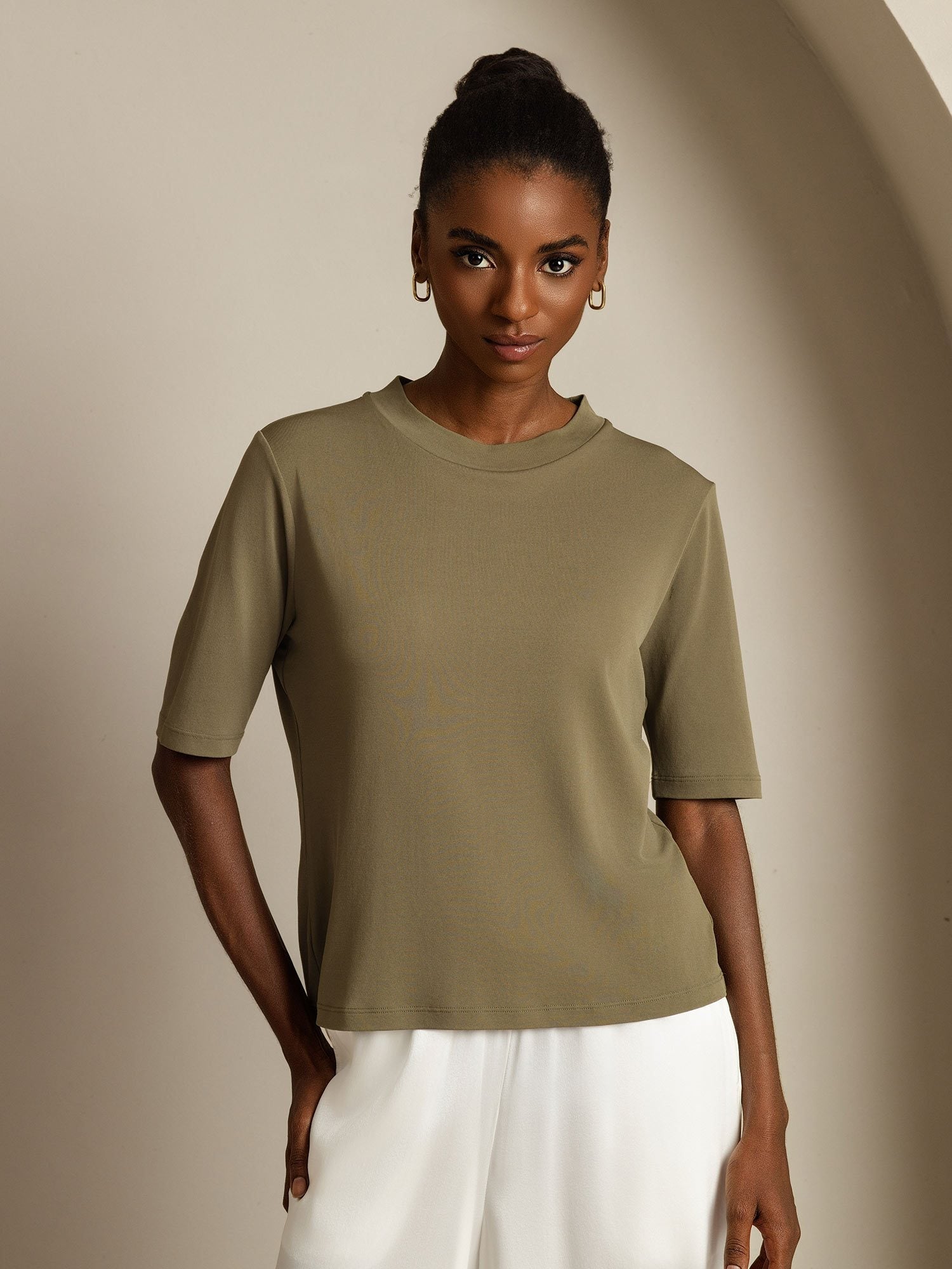 [Burnt Olive] SilkSilky-CA Pure Silk Round Neck Women's T-Shirt 001
