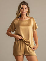 [Tan] SilkSilky-CA 19Momme Machine-Washable Silk Short Sleeve Round Neck Women's Pajamas 003