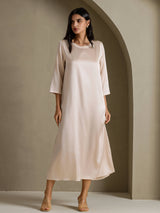 [Beige] SilkSilky-CA 3/4 Sleeve Round Neck Dress 006