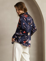 [Navy Floral] SilkSilky-CA Long Sleeve Lapel Collar Women's Shirt 002