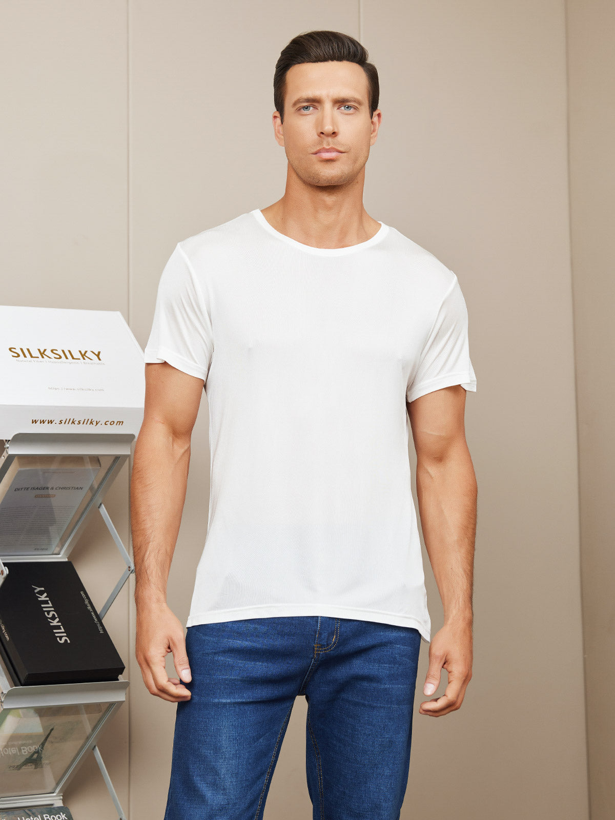 SilkSilky-CA Silk Knitted Short Sleeve Round Neck Men's T-Shirt White 001