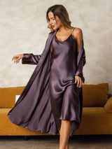 [Purple Gray] SilkSilky-CA Long Sleeve V Neck Nightgown&Robe Set 001