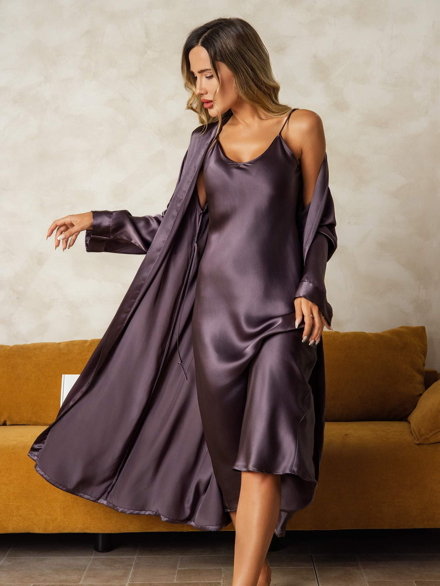 [Purple Gray] SilkSilky-CA Long Sleeve V Neck Nightgown&Robe Set 001