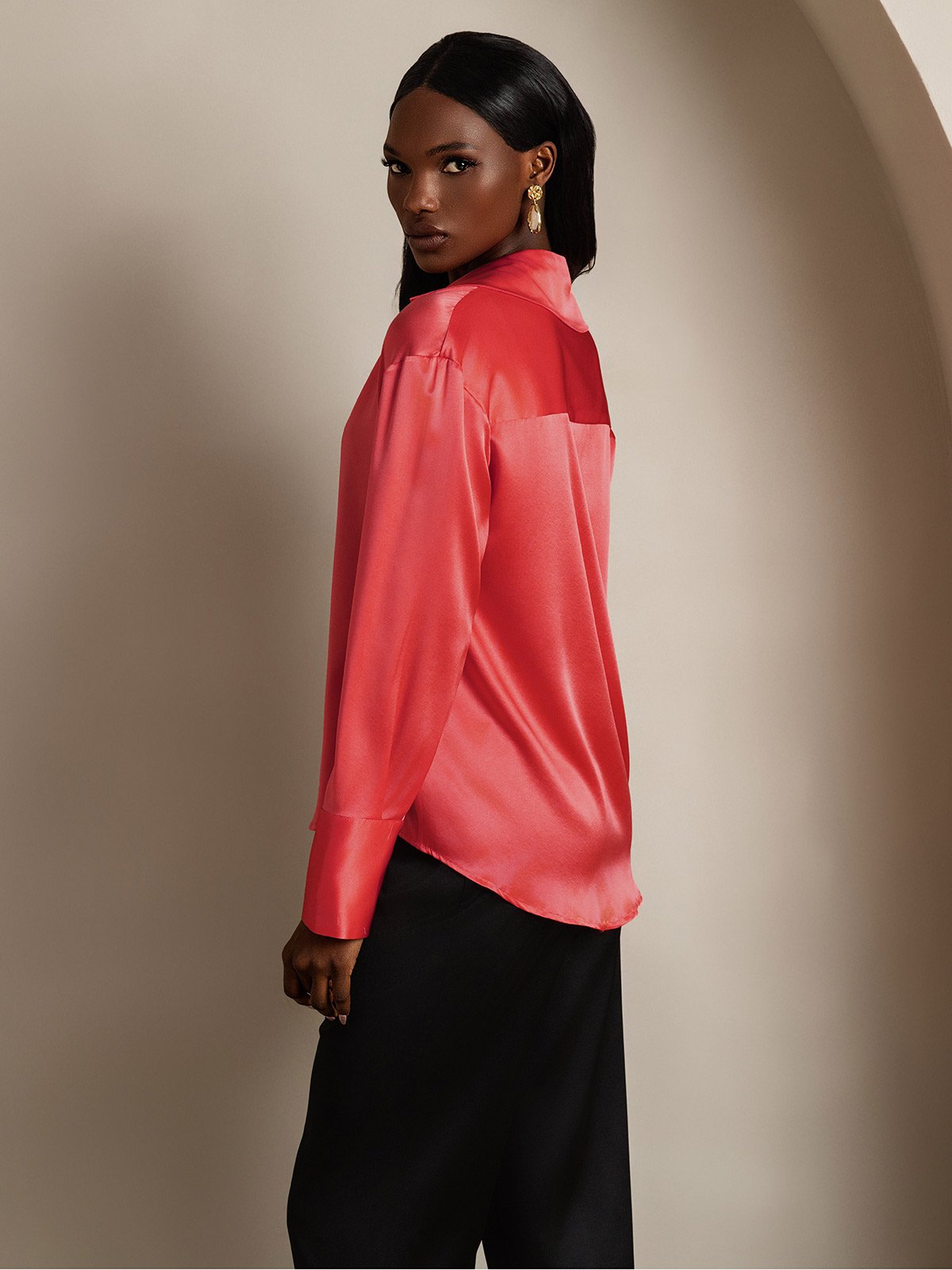 SilkSilky-CA 19Momme Silk Long Sleeve Lapel Women's Shirt ImperialRed 004