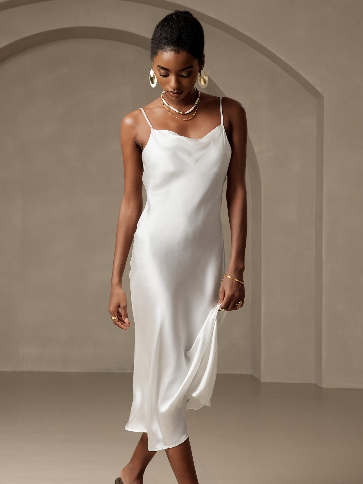 SilkSilky CA Pure Silk Sleeveless Cowl Neck Dress White 006