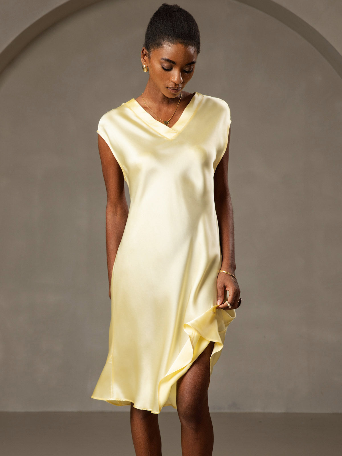 SilkSilky-CA Pure Silk Sleeveless V Neck Nightgown Yellow 005