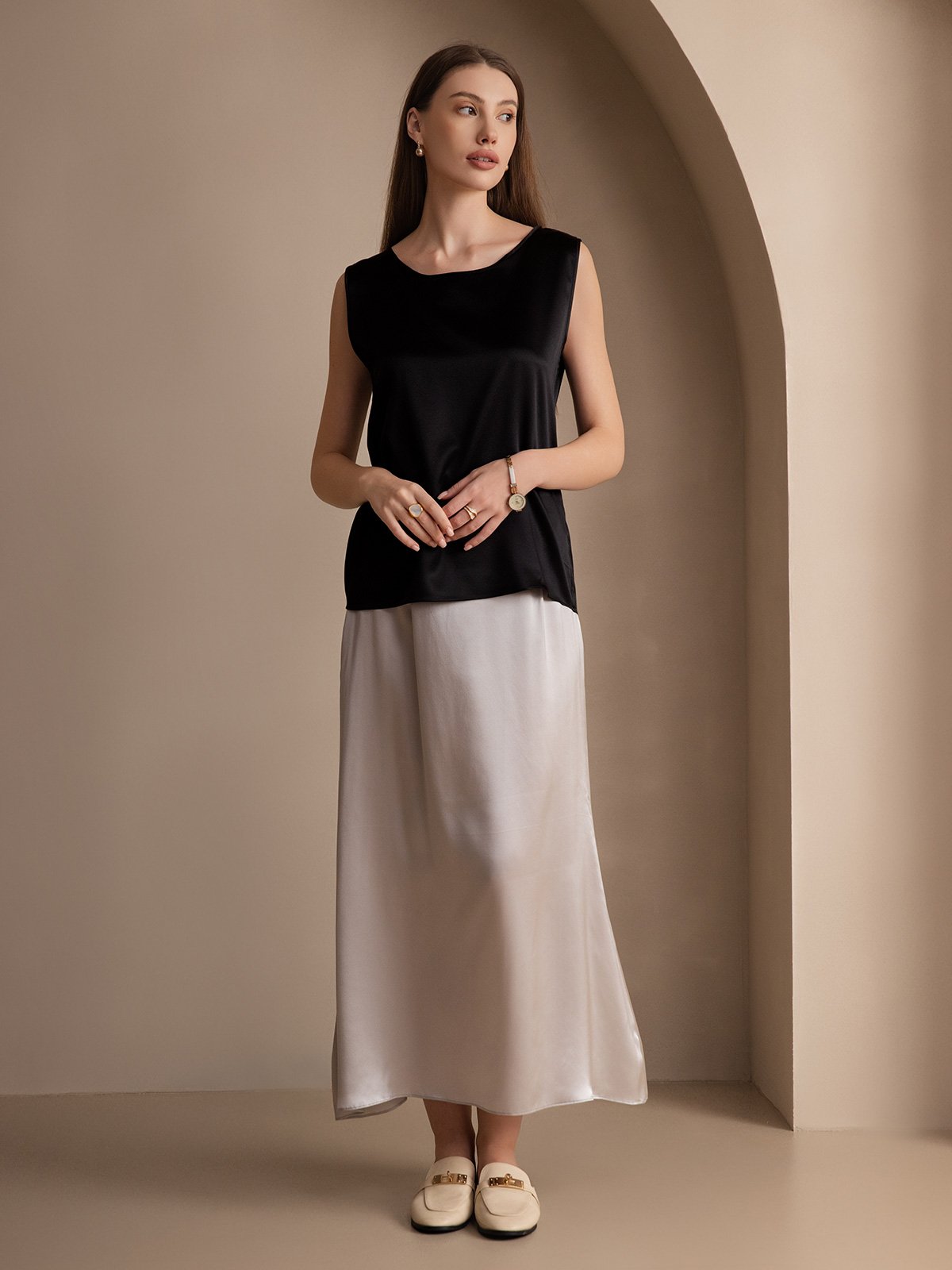 [Black] SilkSilky-CA 19Momme Silk Round Neck Camisole 005