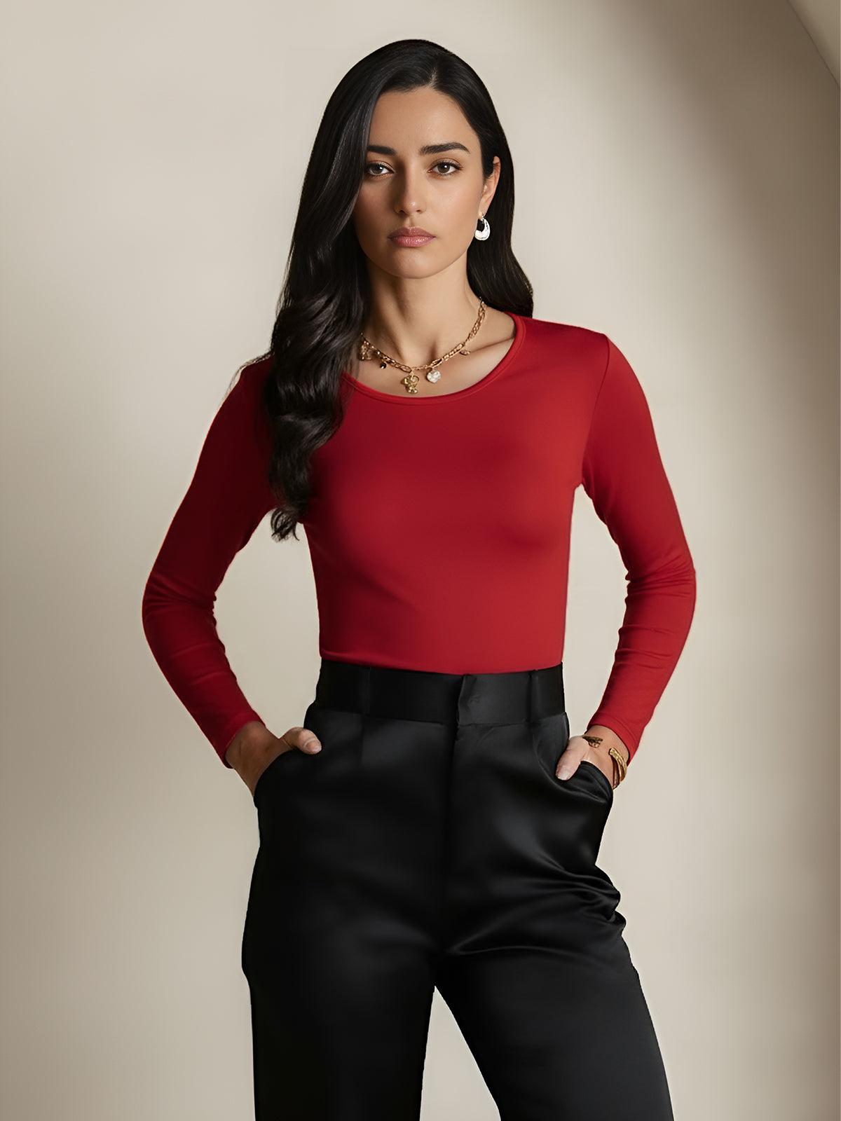 [Wine] SilkSilky-CA Silk Round Neck Women's T-Shirt 005