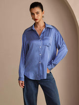 [Blue Pinstripe] SilkSilky-CA Long Sleeve Lapel Collar Women's Shirt 003