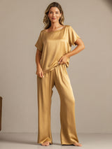 [Tan] SilkSilky-CA 19Momme Machine-Washable Silk Short Sleeve Women's Pajamas 005