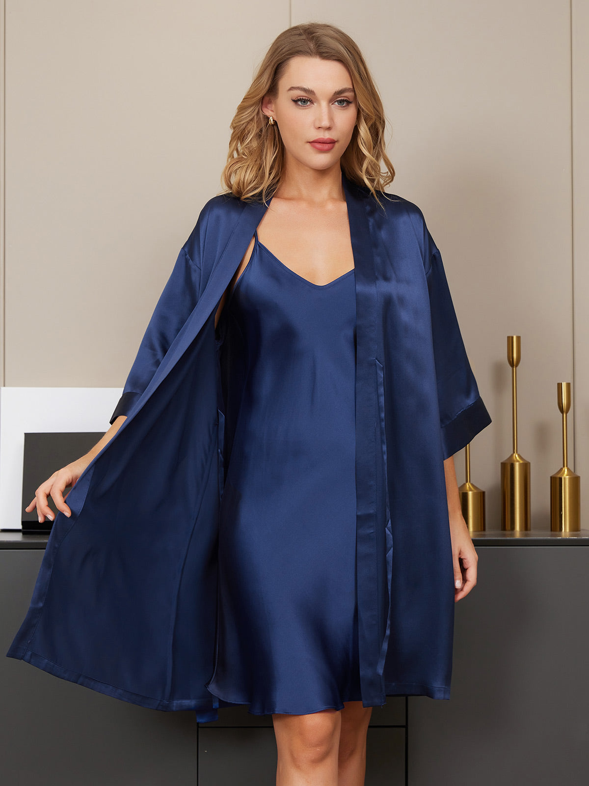 [Dark Blue] SilkSilky-CA Pure Silk V Neck Nightgown&Robe Set 005
