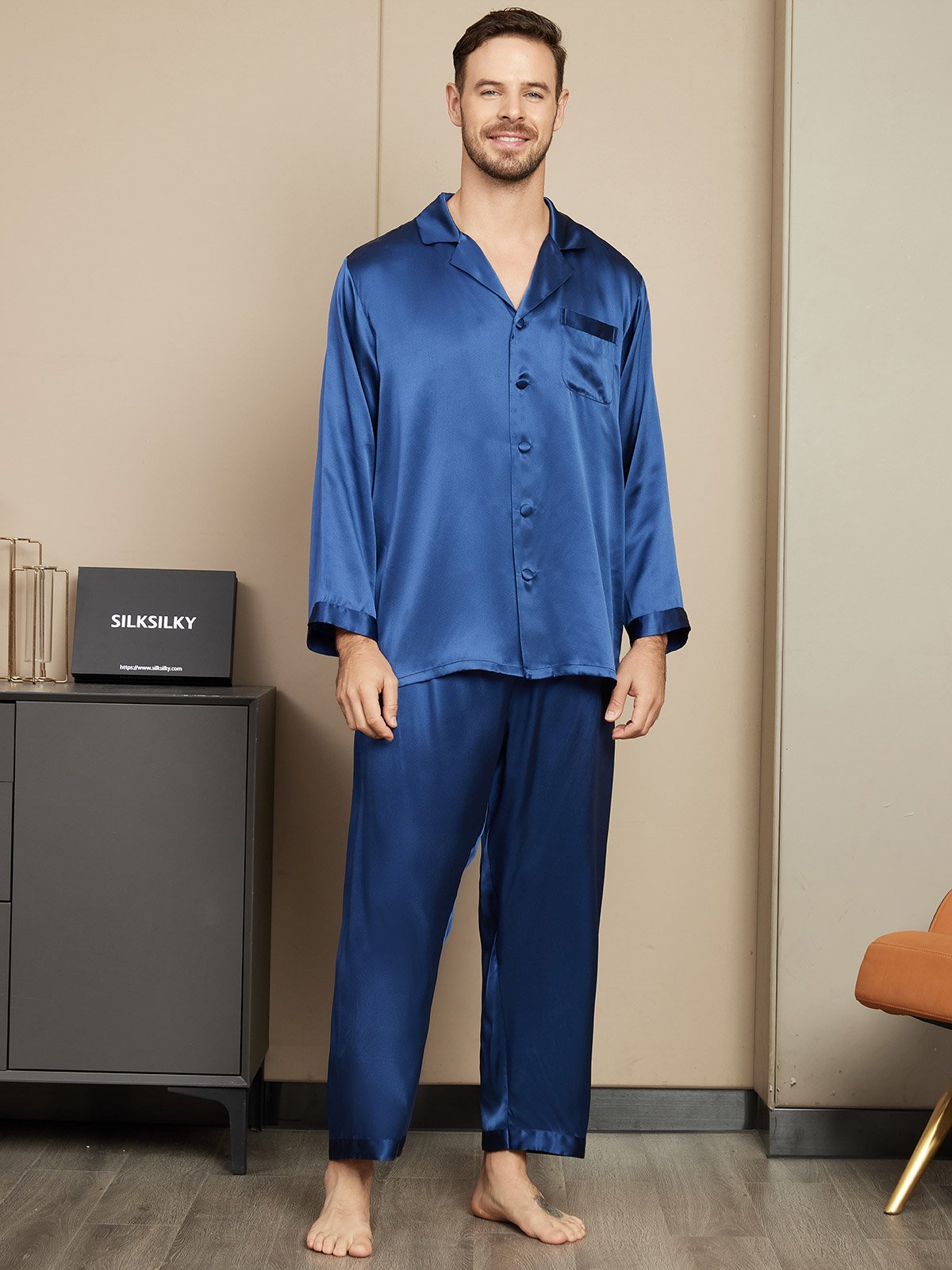 [Dark Blue] SilkSilky-CA Pure Silk Mens Pajamas 001