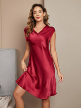 [Wine] SilkSilky-CA Cap Sleeve V Neck Nightgown 003