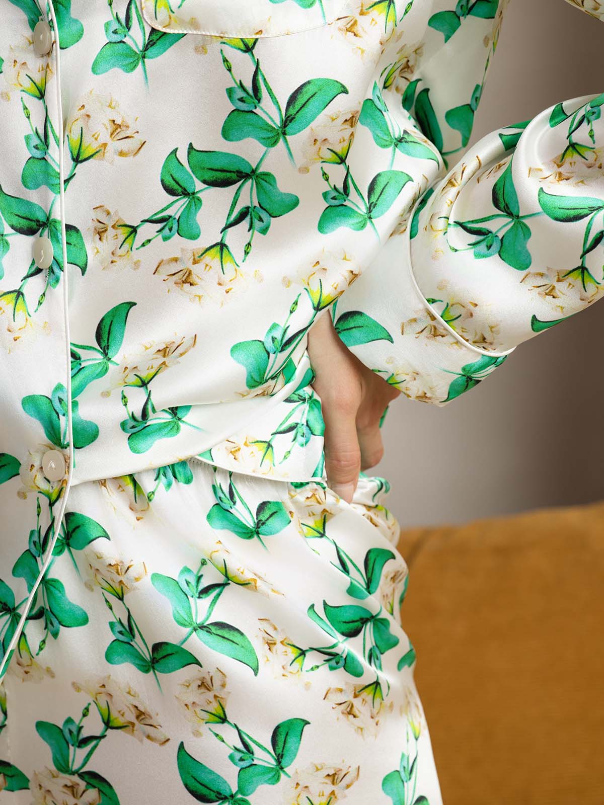 [Green Floral] SilkSilky-CA Pure Silk Womens Pajamas 008