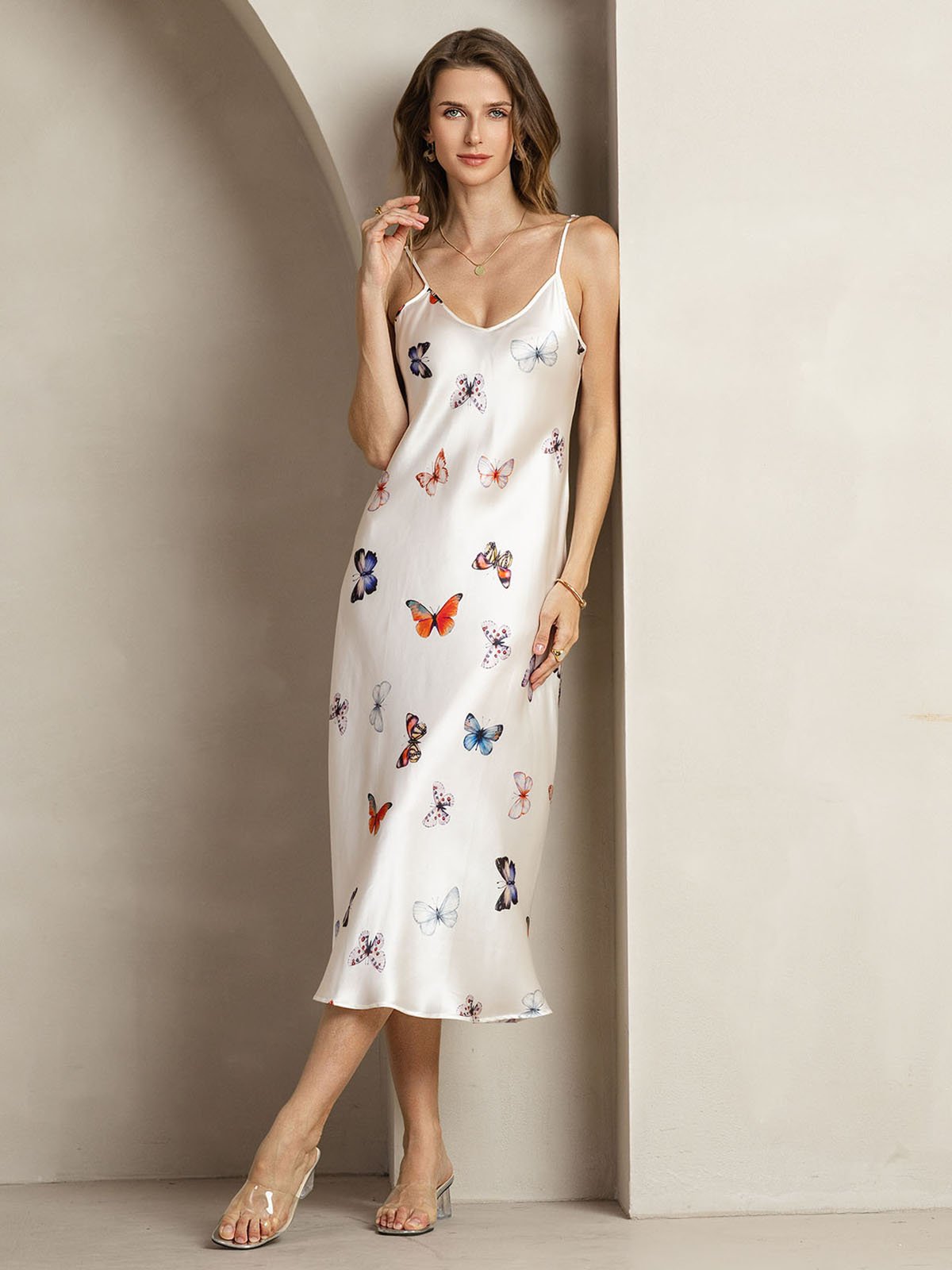 [White Butterfly] SilkSilky-CA 19Momme Silk V Neck Dress 004