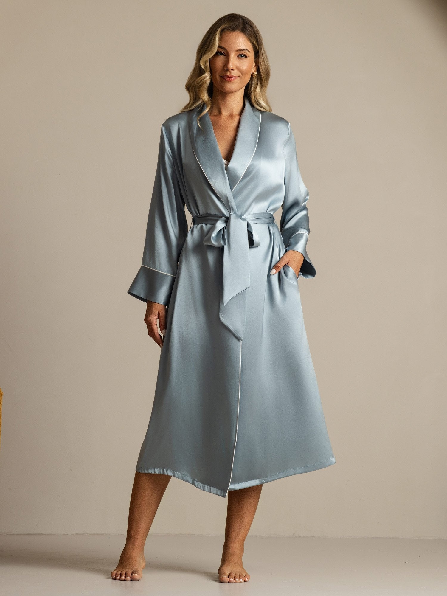 [GrayishBlue] SilkSilky-CA Pure Silk Collar Women's Robe 003