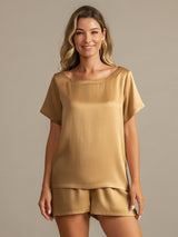 [Tan] SilkSilky-CA 19Momme Machine-Washable Silk Short Sleeve Round Neck Women's Pajamas 001