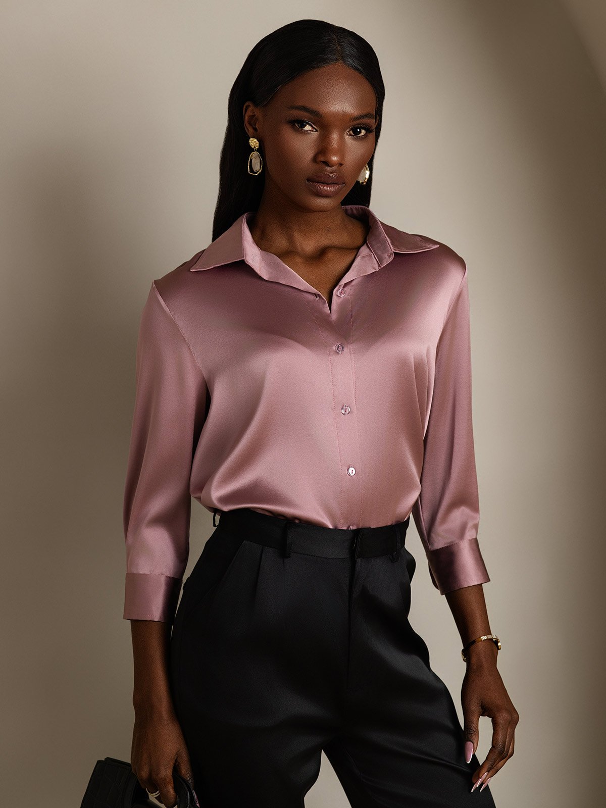 SilkSilky-CA 19Momme Silk Long Sleeve Lapel Women's Shirt PaleMauve 001