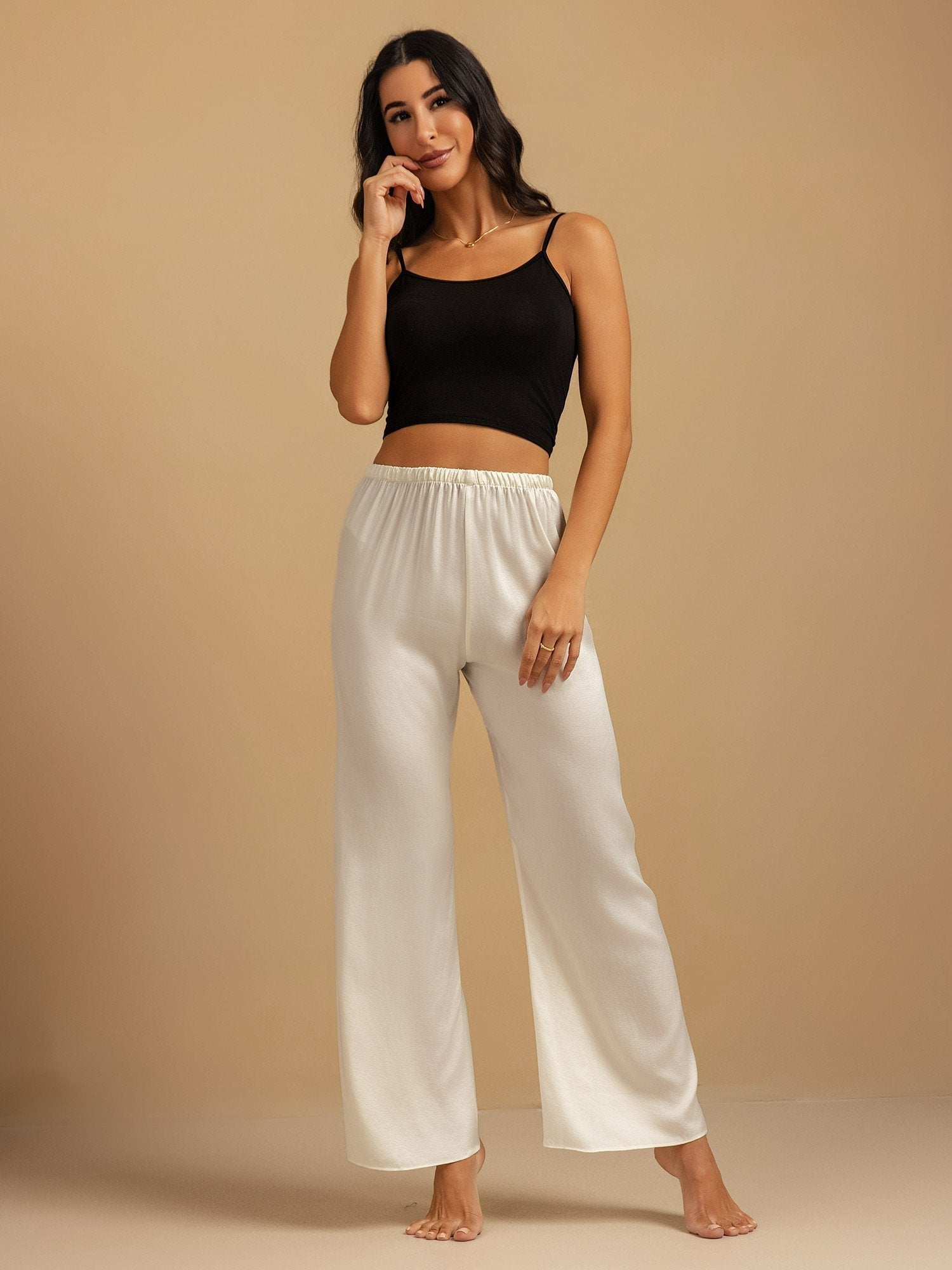 [White] SilkSilky-CA 19Momme Machine-Washable Silk Womens Sleep Bottoms 005