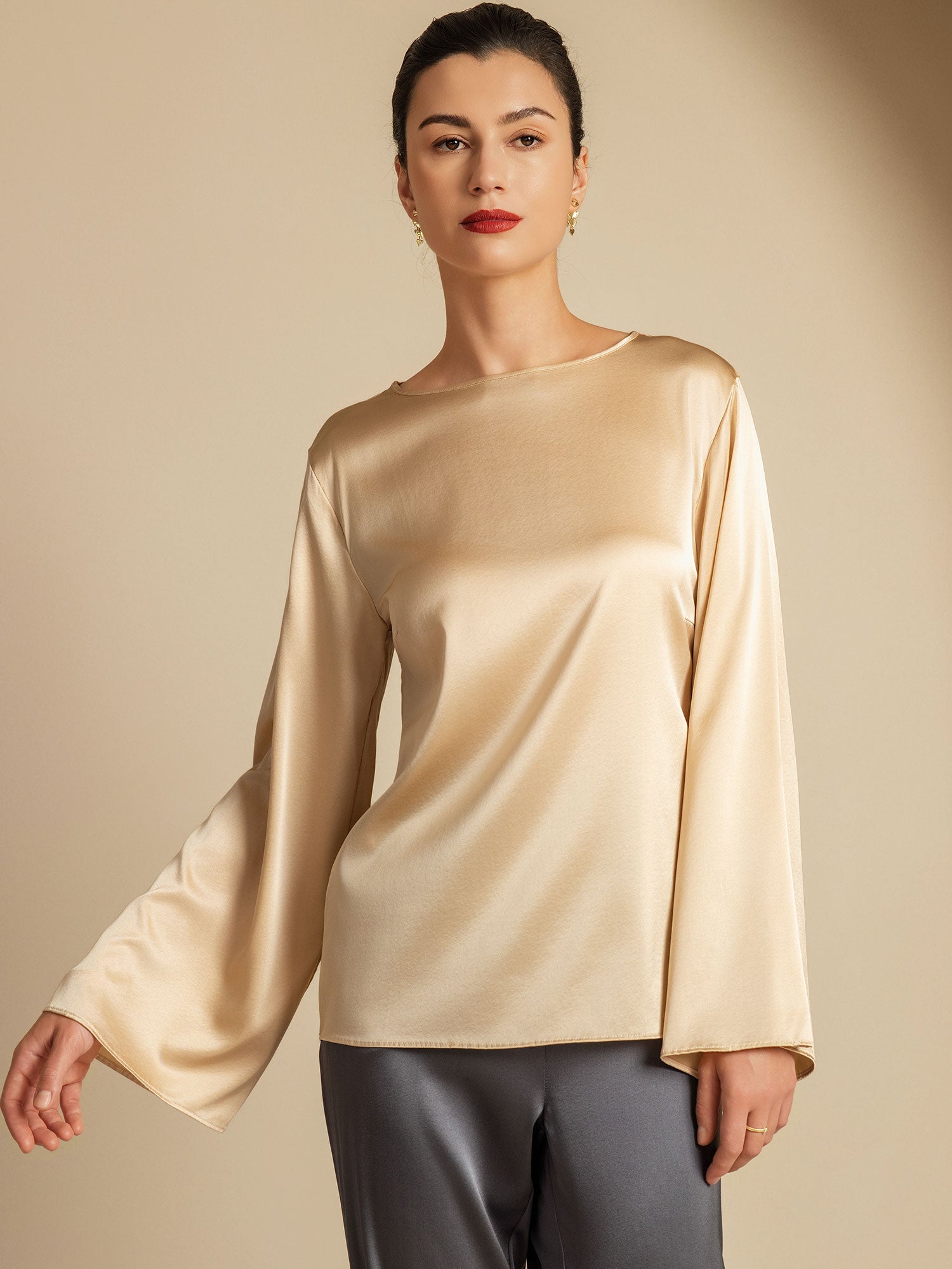 [Champagne] SilkSilky-CA 19Momme Silk Round Neck Women's T-Shirt 001