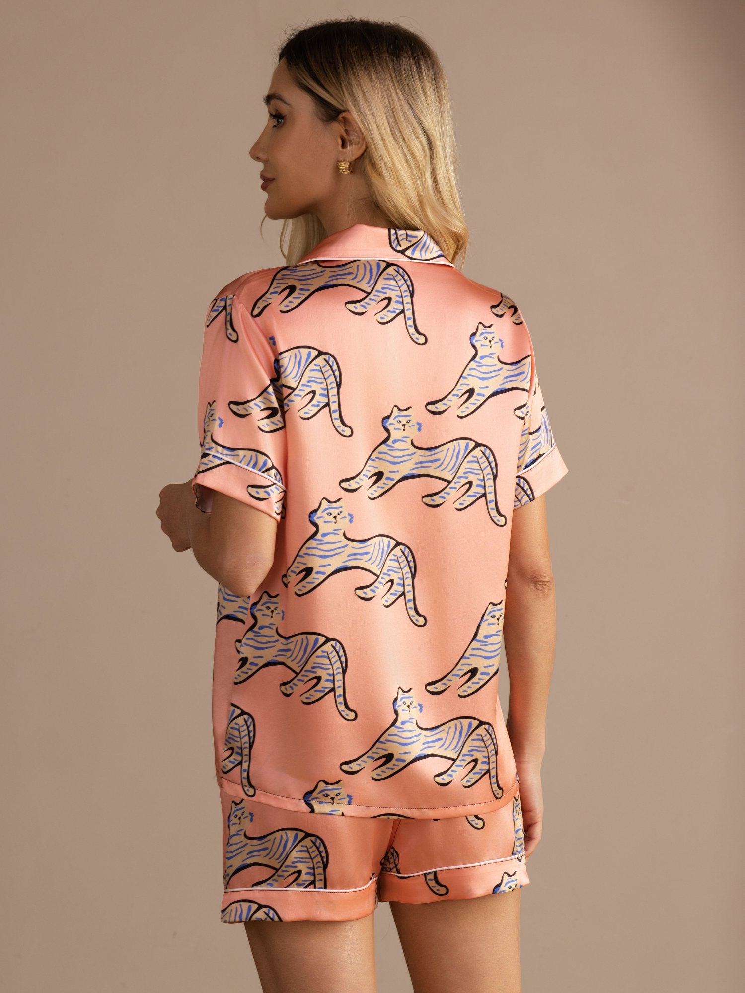 [Pink Cat] SilkSilky-CA Short Sleeve Lapel Collar Women's Pajamas 002