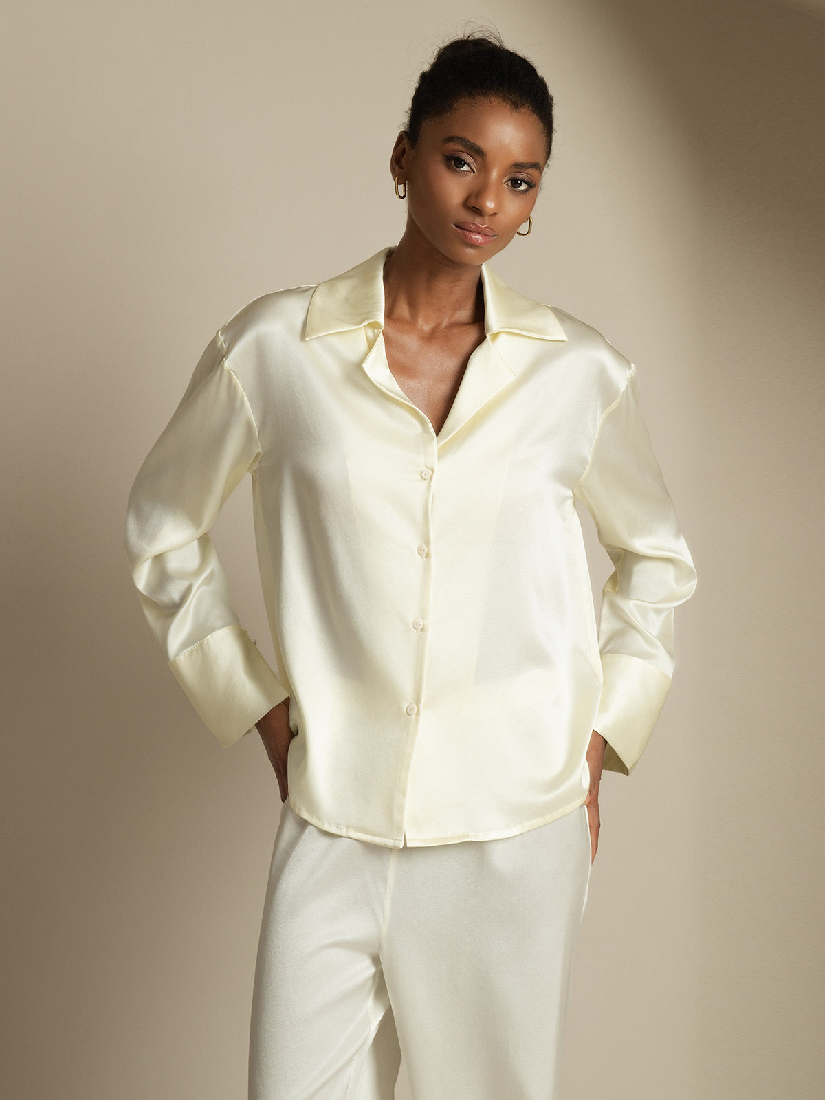 [Ivory] SilkSilky-CA 19Momme Silk Notch Collar Women's Shirt 005