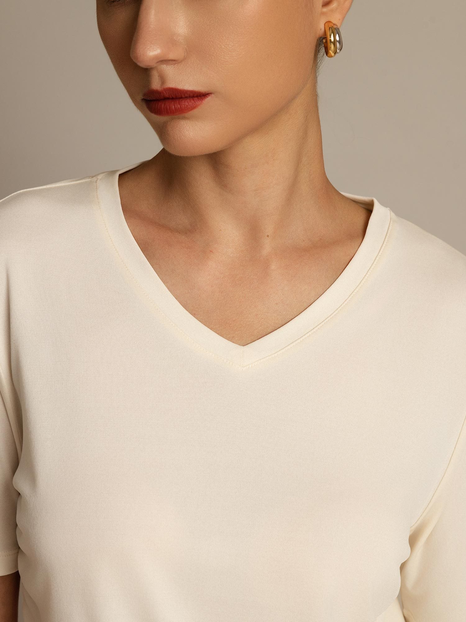 [Beige] SilkSilky-CA Pure Silk V Neck Women's T-Shirt 003
