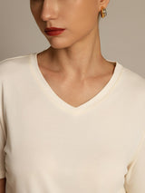 [Beige] SilkSilky-CA 100% High-Twist Silk Jersey Short Sleeve V Neck Women's T-Shirt 003