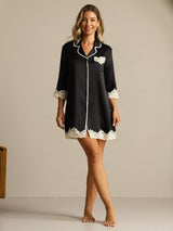 [Black] SilkSilky-CA Pure Silk Lapel Collar Nightshirt 006