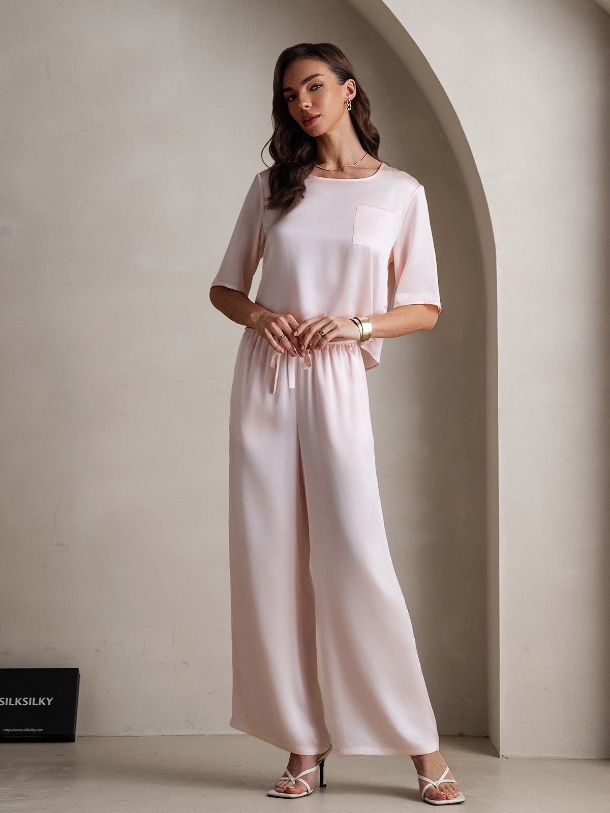 [Pink] SilkSilky-CA Pure Silk Round Neck Women's Pajamas 005