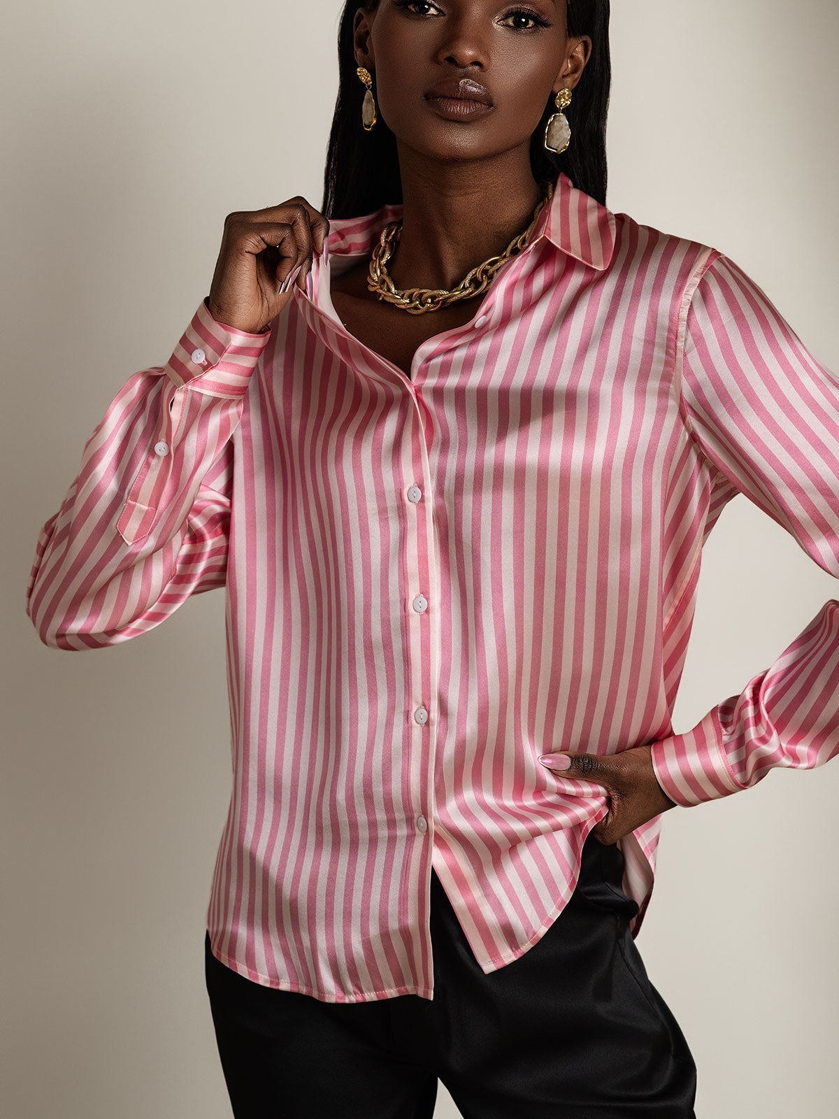 [Pink Stripe] SilkSilky-CA Silk Lapel Collar Women's Shirt 003,