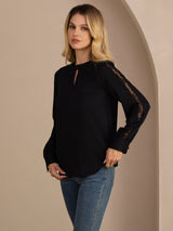 [Black] SilkSilky-CA Long Sleeve Keyhole Neck Women's Blouse 004
