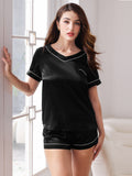 SilkSilky CA Pure Silk Short Sleeve V Neck Women's Pajamas Black 003