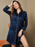 SilkSilky CA Pure Silk 3/4 Sleeve Lapel Nightshirt DarkBlue 007