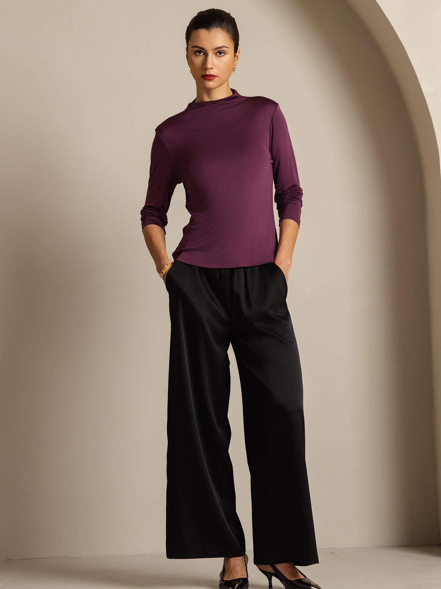 [Purple] SilkSilky-CA Pure Silk High Neck Women's T-Shirt 005