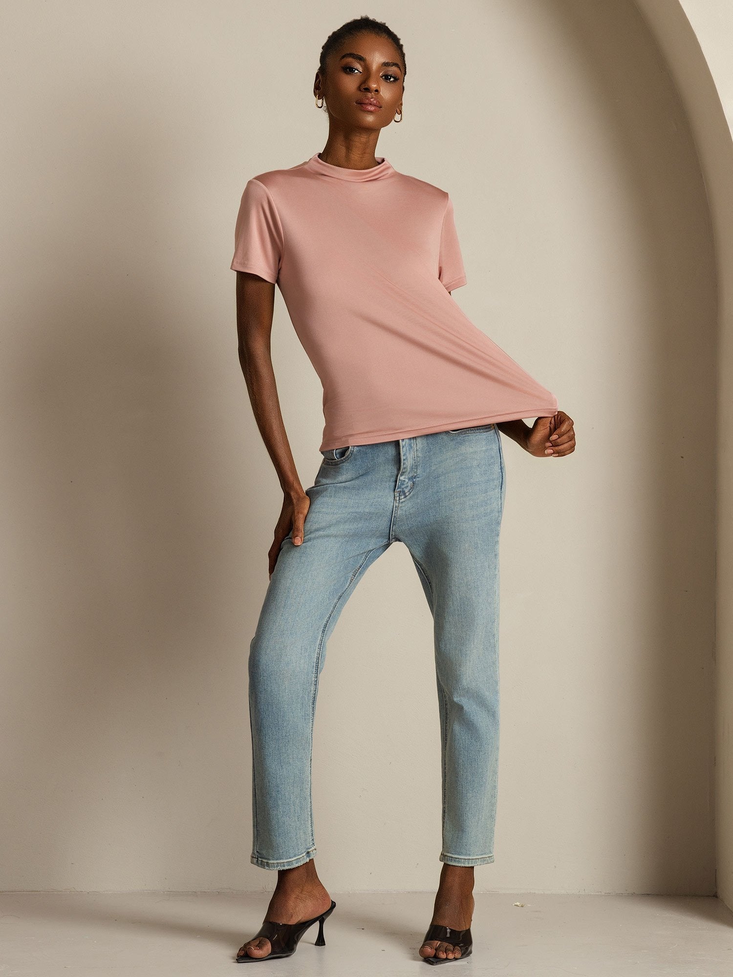 [Pink] SilkSilky-CA Pure Silk Collar Women's T-Shirt 004