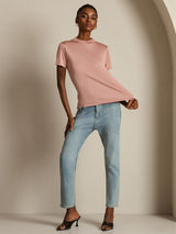 [Pink] SilkSilky-CA 100% Silk Jersey Short Sleeve Mock Neck Women's T-Shirt 004