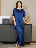 SilkSilky CA Pure Silk Short Sleeve Round Neck Women's Pajamas DarkBlue 002