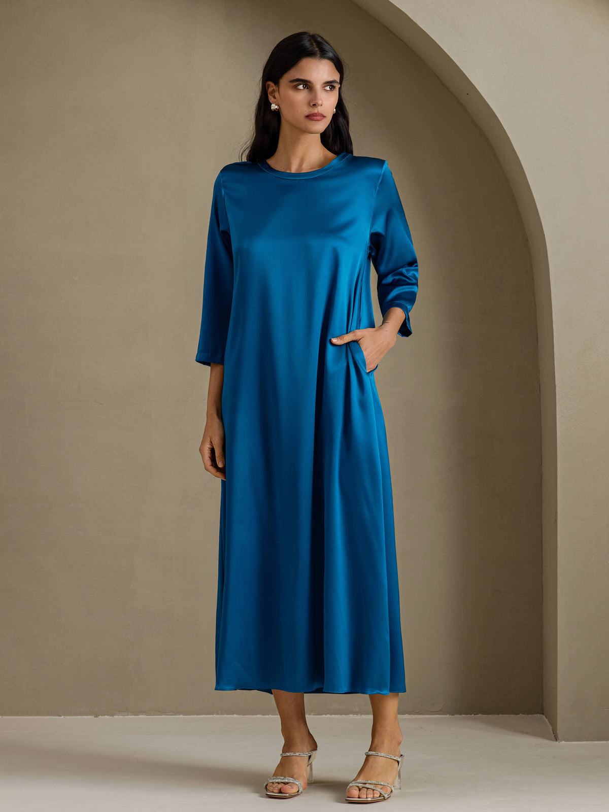 [Teal] SilkSilky-CA 3/4 Sleeve Round Neck Dress 001