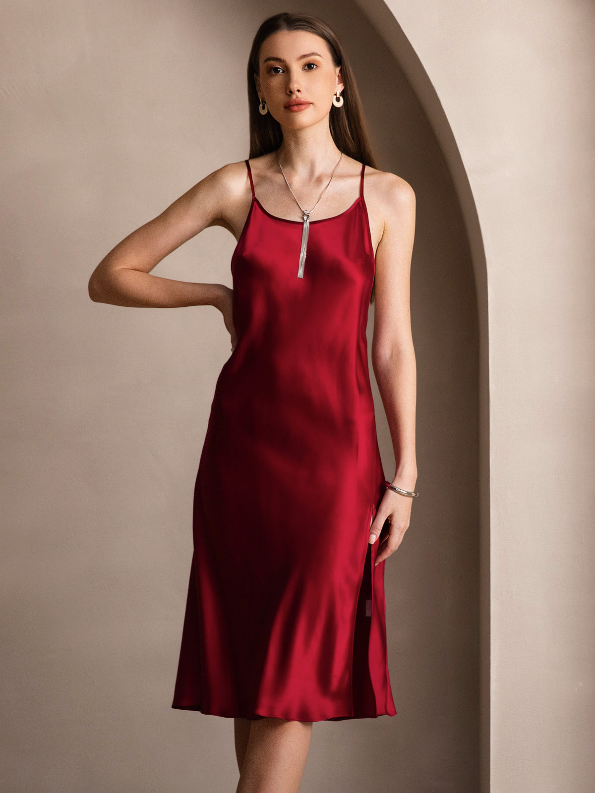 [Wine] SilkSilky-CA Pure Silk Round Neck Dress 006