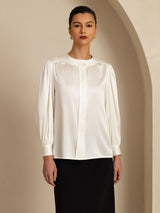 [White] SilkSilky-CA 19Momme Long Sleeve Round Neck Blouse 003
