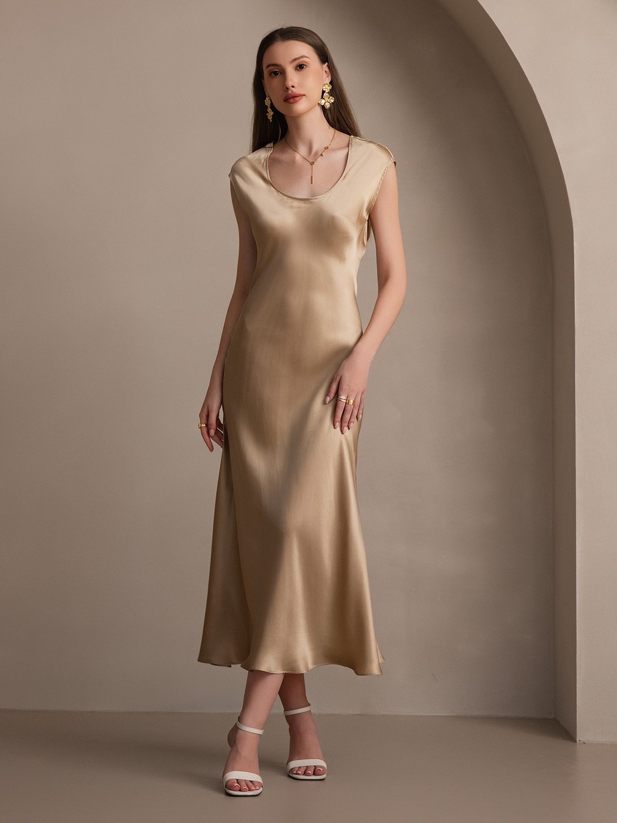 [Champagne] SilkSilky-CA 19Momme Silk Cap Sleeve Round Neck Dress 007