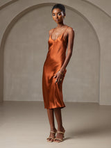 [Caramel] SilkSilky-CA Pure Silk Sleeveless V Neck Dress 006