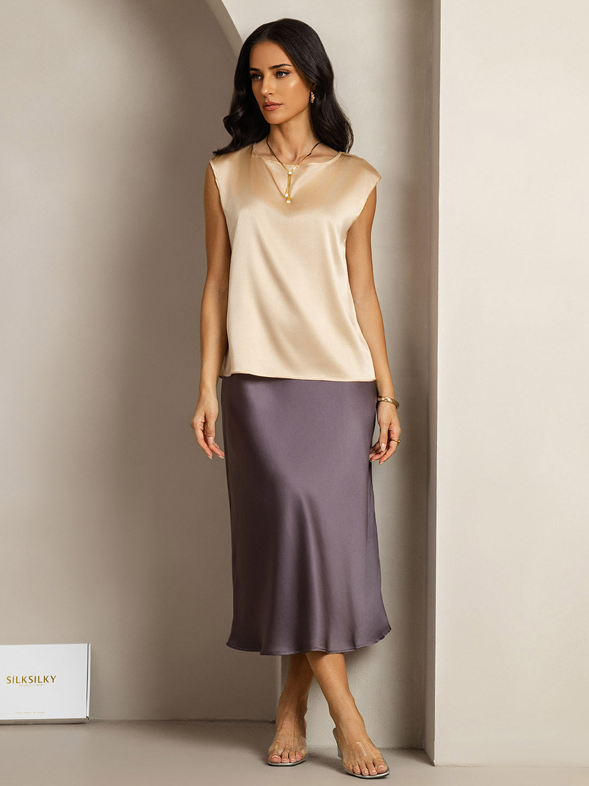 [Champagne] SilkSilky-CA 19Momme Silk Round Neck Women's T-Shirt 003