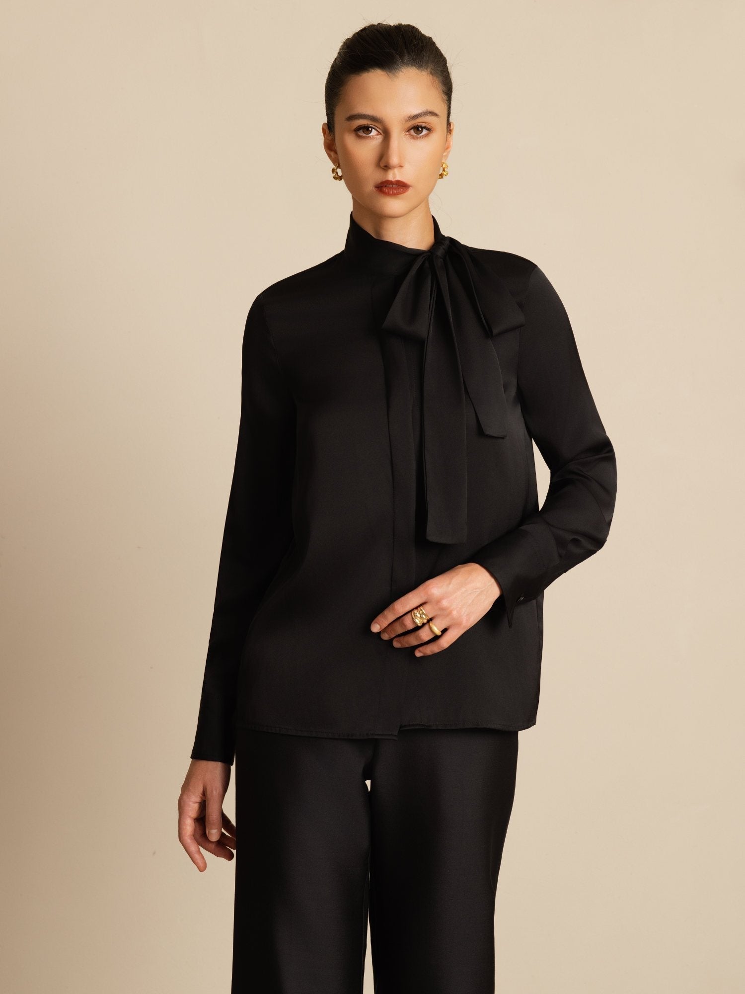 [Black] SilkSilky-CA 19Momme Stretch Silk Charmeuse Long Sleeve Tie Neck Blouse 004