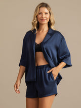 [Dark Blue] SilkSilky-CA 19Momme Machine-Washable Silk Half Sleeve Notch Collar Women's Pajamas 003