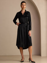 [Black] SilkSilky-CA Long Sleeve Lapel Collar Dress 001